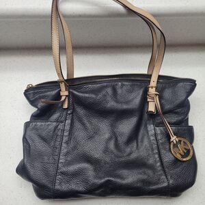 Michael Kors Black Leather Shoulder Bag with Tan Straps